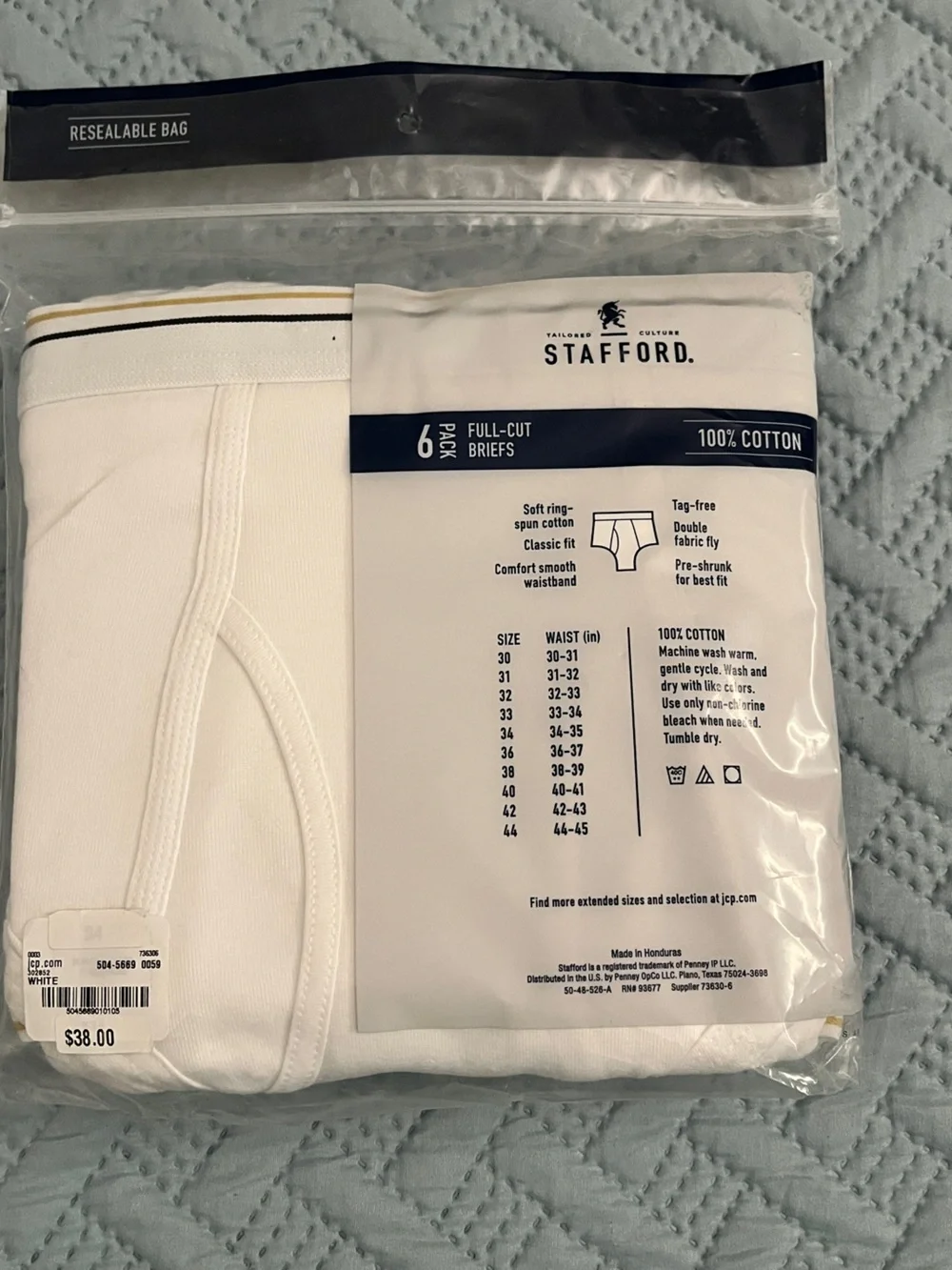 Stafford Men’s Full-Cut Briefs — White (Pack of 6) Size 34